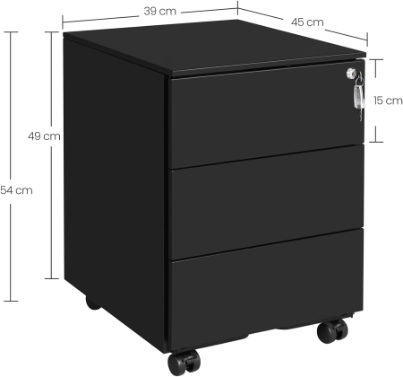 Dulap mobil rollbox pentru birouri, 3 sertare pentru documente, corp pre-asamblat, 45x39x54 cm, negru [1]