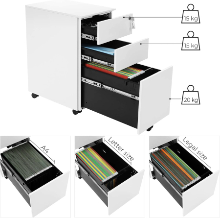 SONGMICS Dulap mobil tip rollbox pentru birouri, 3 sertare pentru documente A4, otel, 30x45x60 cm, alb [5]