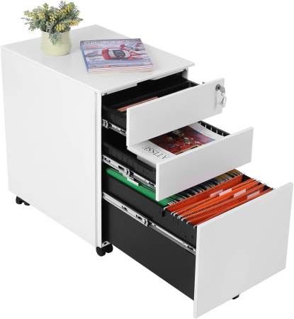 SONGMICS Dulap mobil tip rollbox pentru birouri, din otel, sertar cu sina dosare A4, 39x52x60 cm, alb [2]