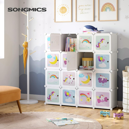 SONGMICS Dulap modular de depozitare jucarii, 16 cuburi cu usi, 123x31x123cm, alb [2]