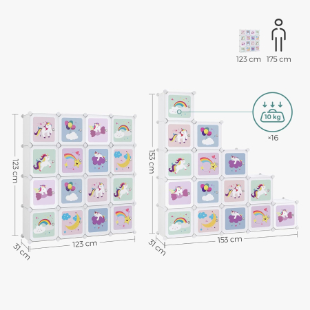 SONGMICS Dulap modular de depozitare jucarii, 16 cuburi cu usi, 123x31x123cm, alb [7]