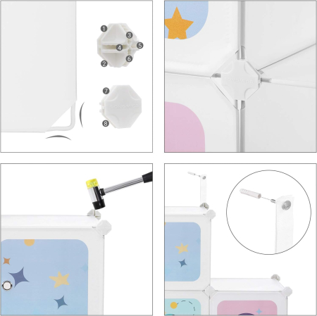 Dulap modular depozitare jucarii 16 cuburi cu usi motive stelare, PP si cadru metalic, anti-rasturnare, 123x31x123 cm, alb [6]