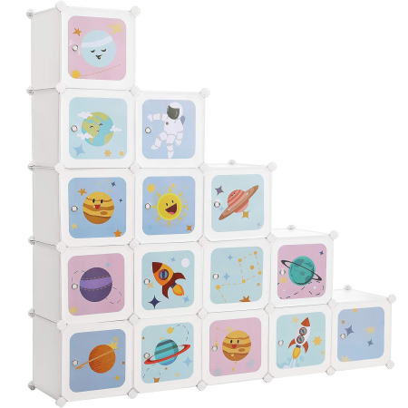 Dormitor & birou - Dulap modular depozitare jucarii 16 cuburi cu usi motive stelare, PP si cadru metalic, anti-rasturnare, 123x31x123 cm, alb
