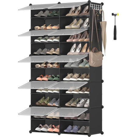 Baie - Dulap modular pantofi cu 10 compartimente, cu usi transparente, 83x32x156 cm, negru