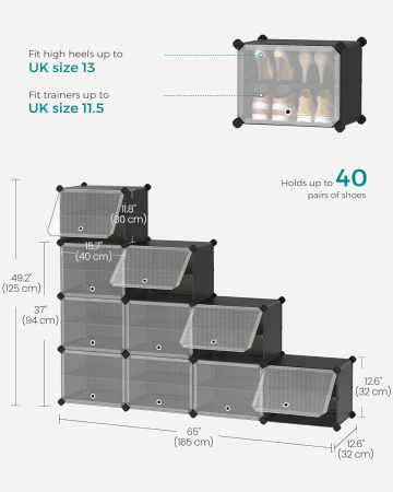 Dulap modular pantofi cu 10 compartimente, cu usi transparente, 83x32x156 cm, negru [4]
