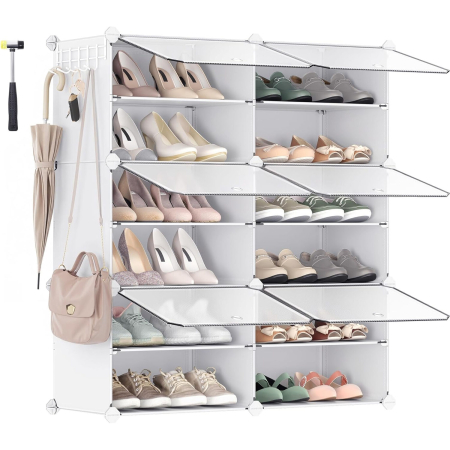 Baie - Dulap pantofi modular 6 compartimente, cu usi si cadru metalic, organizator incaltaminte, 32x124x94 cm, alb