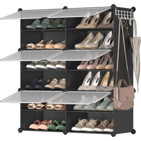 Baie - Dulap pantofi modular cu 6 compartimente, panouri plastic si cadru metalic, 83x32x94 cm, pana la 24 perechi, negru