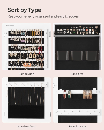 Dulap pentru bijuterii, cu oglinda design fara rama, MDF, montare pe perete sau usa, 37x10x108 cm, alb [5]