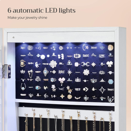 Dulap pentru bijuterii cu oglinda, MDF, iluminare LED, montare pe perete sau usa, 37x10x120 cm, alb [6]