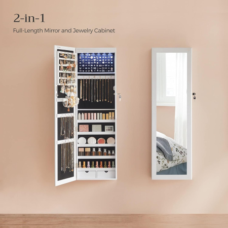 Dulap pentru bijuterii cu oglinda, MDF, iluminare LED, montare pe perete sau usa, 37x10x120 cm, alb [1]