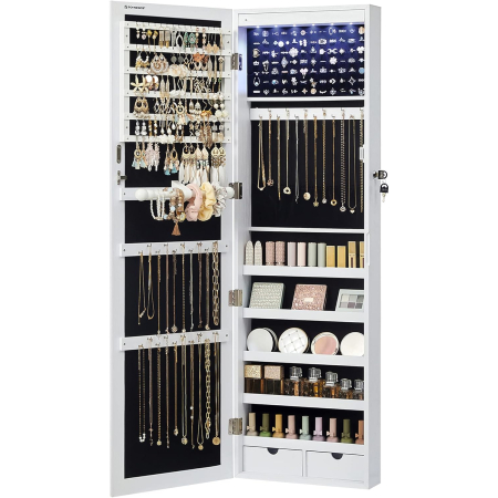 Dulap pentru bijuterii cu oglinda, MDF, iluminare LED, montare pe perete sau usa, 37x10x120 cm, alb [7]