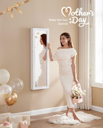 Dulap pentru bijuterii cu oglinda, MDF, iluminare LED, montare pe perete sau usa, 37x10x120 cm, alb [5]