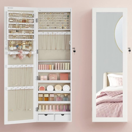 Dormitor & birou - Dulap pentru bijuterii cu oglinda, montare pe perete sau usa, material MDF, inchidere cu cheie, 120x37x10 cm, alb