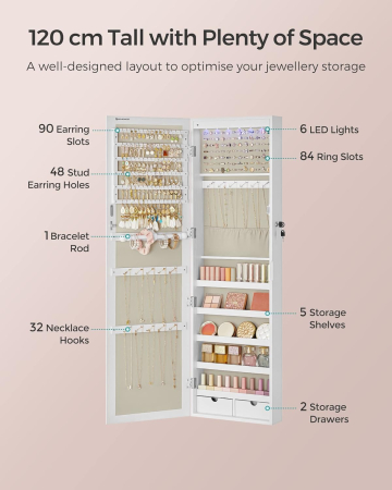 Dulap pentru bijuterii cu oglinda, montare pe perete sau usa, material MDF, inchidere cu cheie, 120x37x10 cm, alb [5]