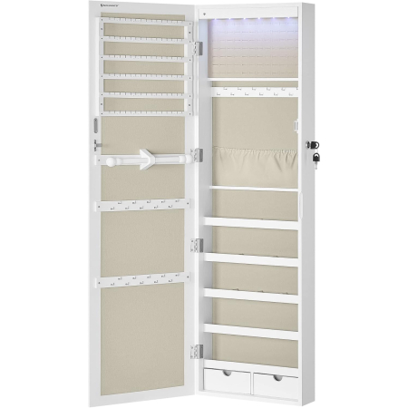 Dulap pentru bijuterii cu oglinda, montare pe perete sau usa, material MDF, inchidere cu cheie, 120x37x10 cm, alb [10]