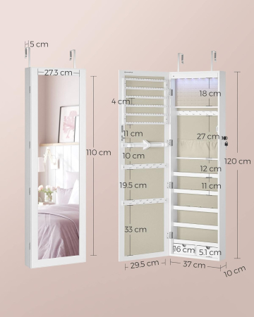 Dulap pentru bijuterii cu oglinda, montare pe perete sau usa, material MDF, inchidere cu cheie, 120x37x10 cm, alb [6]