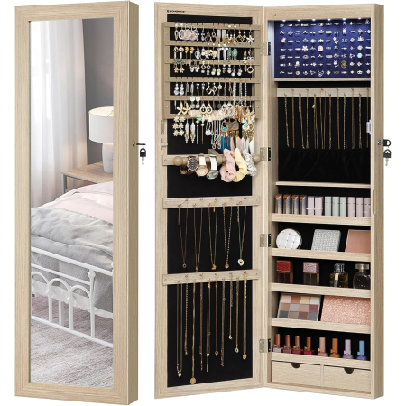 Dulap pentru bijuterii cu oglinda, montare pe perete sau usa, material MDF, inchidere cu cheie, 120x37x10 cm, stejar [8]