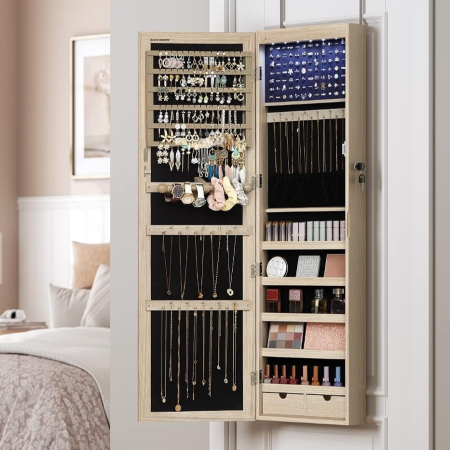 Mobila dormitor - Dulap pentru bijuterii cu oglinda, montare pe perete sau usa, material MDF, inchidere cu cheie, 120x37x10 cm, stejar