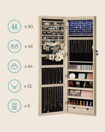 Dulap pentru bijuterii cu oglinda, montare pe perete sau usa, material MDF, inchidere cu cheie, 120x37x10 cm, stejar [6]