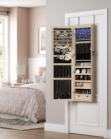 Dulap pentru bijuterii cu oglinda, montare pe perete sau usa, material MDF, inchidere cu cheie, 120x37x10 cm, stejar [5]