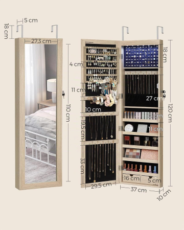 Dulap pentru bijuterii cu oglinda, montare pe perete sau usa, material MDF, inchidere cu cheie, 120x37x10 cm, stejar [4]