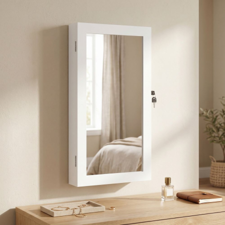 Dormitor & birou - Dulap pentru bijuterii cu oglinda si incuietoare, montare pe perete, MDF si sticla, 55x10x67 cm, alb