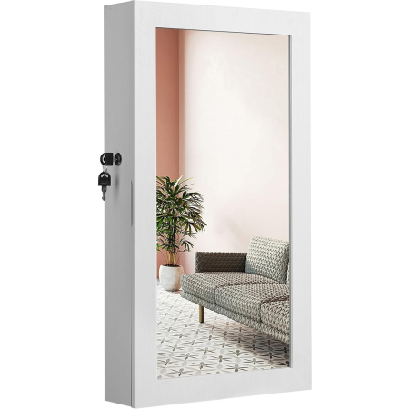 Dulap pentru bijuterii cu oglinda si incuietoare, montare pe perete, MDF si sticla, 55x10x67 cm, alb [1]