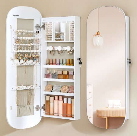 Mese toaleta si oglinzi - Dulap pentru bijuterii cu oglinda si LED, montare pe perete sau usa, inchidere cu cheie, 42x10x108 cm, alb
