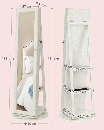 Dulap pentru bijuterii rotativ 360° cu oglinda, rafturi spate si incuietoare, MDF si sticla, 55x55x161 cm, gri stejar deschis [3]