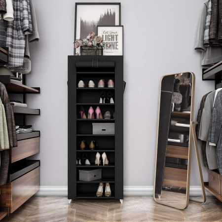 Dulap pentru pantofi din material textil, structura metalica, 10 niveluri, capacitate 27-35 perechi, 58x28x160 cm, negru [5]