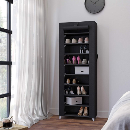 Dulap pentru pantofi din material textil, structura metalica, 10 niveluri, capacitate 27-35 perechi, 58x28x160 cm, negru [1]