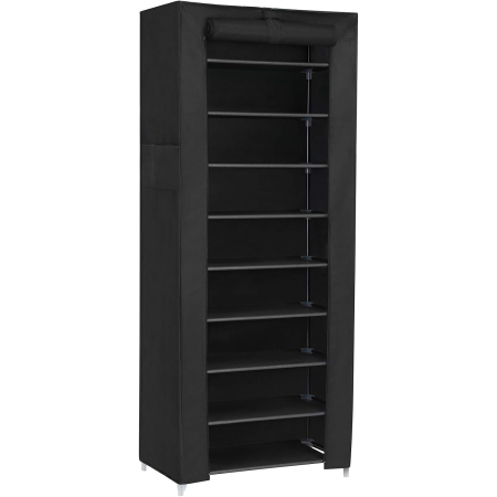 Garderobe - Dulap pentru pantofi din material textil, structura metalica, 10 niveluri, capacitate 27-35 perechi, 58x28x160 cm, negru