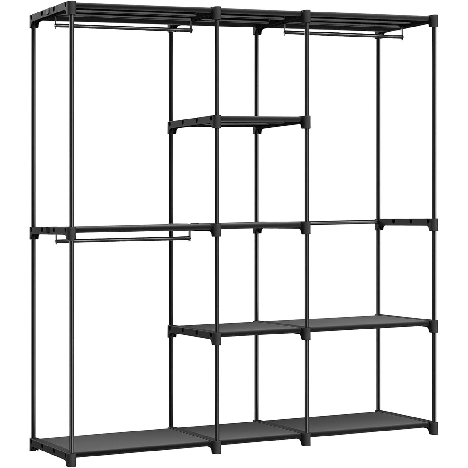 Depozitare si organizare - Dulap portabil pentru haine cu 3 bare de suspendare si rafturi, structura metalica, 43x182x182 cm, negru