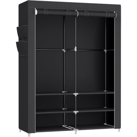 Garderobe - SONGMICS Dulap textil garderoba, 2 compartimente haine cu rafturi, cadru metalic, 127x45x176 cm, negru