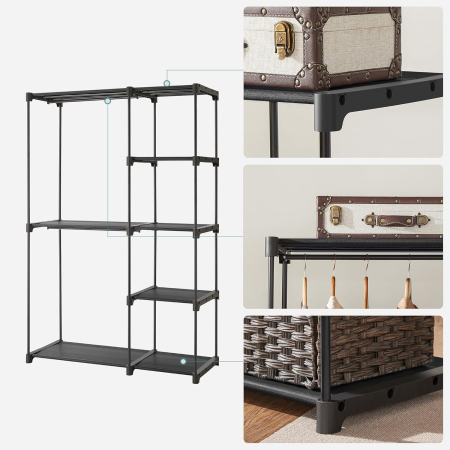 Dulap textil pliabil cu spatiu pentru umerase si rafturi, cadru metalic, 112x43x165 cm, negru [2]