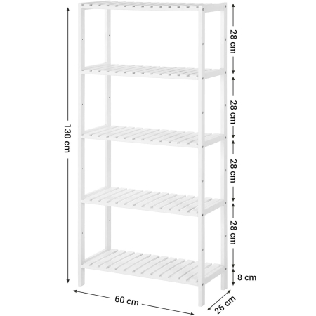 SONGMICS Etajera 5 niveluri, din bambus, pozitii reglabile, multifunctionala pentru bucatarie sau hol, 60x26x130 cm, alb [7]