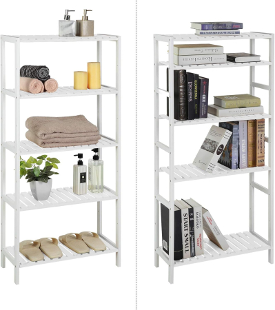 SONGMICS Etajera 5 niveluri, din bambus, pozitii reglabile, multifunctionala pentru bucatarie sau hol, 60x26x130 cm, alb [1]