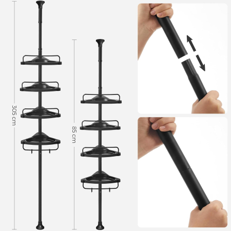 Etajera colt dus, 4 rafturi, inaltime reglabila 85-305 cm, otel si plastic PP, negru [1]