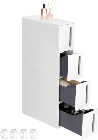 SONGMICS Etajera ingusta cu roti, pentru baie sau bucatarie, cu 4 sertare, 45x17x84 cm, alb [3]