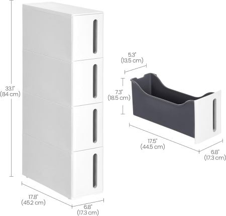 SONGMICS Etajera ingusta cu roti, pentru baie sau bucatarie, cu 4 sertare, 45x17x84 cm, alb [11]