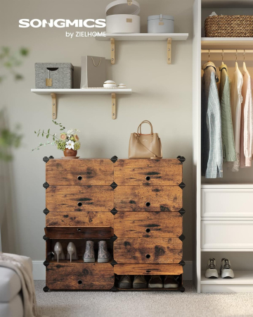 Etajera pantofi 43x31x173 cm, 10 compartimente modulare, usa frontala, maro rustic [1]