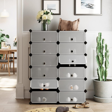 Etajera pantofi 83x31x105 cm, 12 compartimente modulare cu usi rabatabile, negru si alb [1]