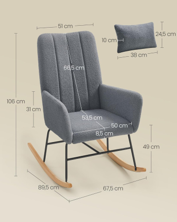 SONGMICS Fotoliu balansoar cu brate, cadru otel imbracat in fleece si picioare din lemn, 136 kg, gri [4]