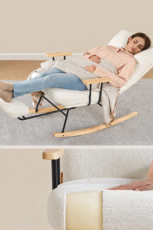 Fotoliu balansoar reglabil cu suport picioare reglabil, textil plusat, 85x75x105 cm, crem [2]