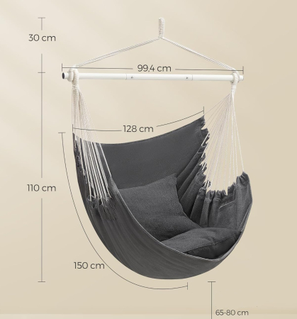 Fotoliu suspendat tip hamac cu 2 perne, lant si carabiniera incluse, 150x128 cm, gri inchis [4]