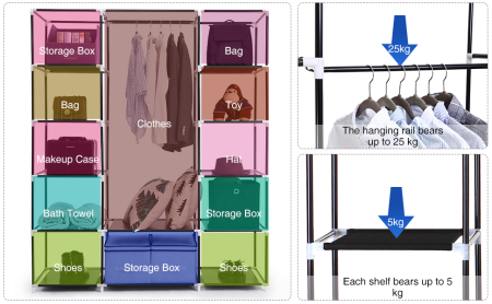 Garderoba din material textil, dulap portabil, cu rafturi si sina de agatat, 150x45x175cm, negru [9]