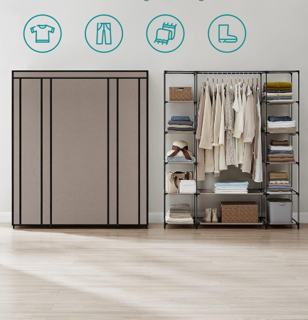 Garderoba din material textil, dulap portabil, cu rafturi si sina de agatat, 150x45x175cm, taupe [3]