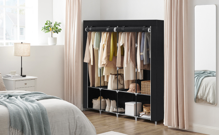 Garderoba din material textil, dulap portabil, cu rafturi si sina de agatat, 170x45x167cm, negru [10]