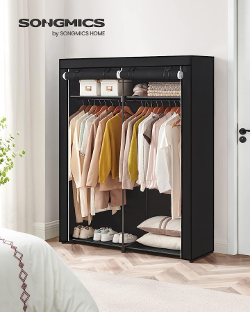 Garderoba pentru depozitarea hainelor, din material textil, cu 2 bare pentru umerase, 43x140x174cm, negru [3]