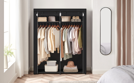 Garderoba pentru depozitarea hainelor, din material textil, cu 2 bare pentru umerase, 43x140x174cm, negru [2]